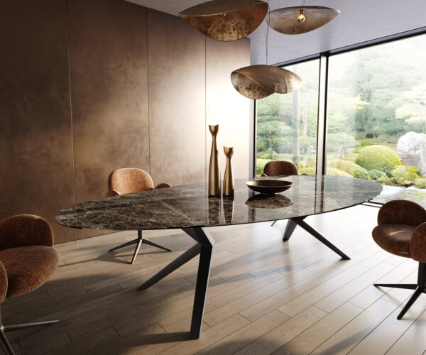 Hrana jedálenského stola oválna 315x150 keramický Laminam®Emperador Extra Lucidato tmavohnedá Zenthara štvorcová metalická čierna