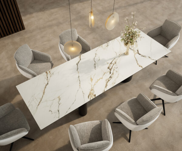 Jedálenský stôl Edge 300x100 keramický Calacatta Luxe bielo-zlatý Troa kov čierny - Image 4