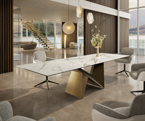 Hrana jedálenského stola 300x100 keramická Calacatta Luxe bielo-zlato-šedá Origami metalická zlatá - Image 2
