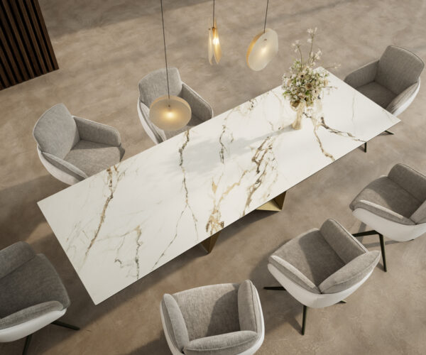Hrana jedálenského stola 300x100 keramická Calacatta Luxe bielo-zlato-šedá Origami metalická zlatá - Image 4