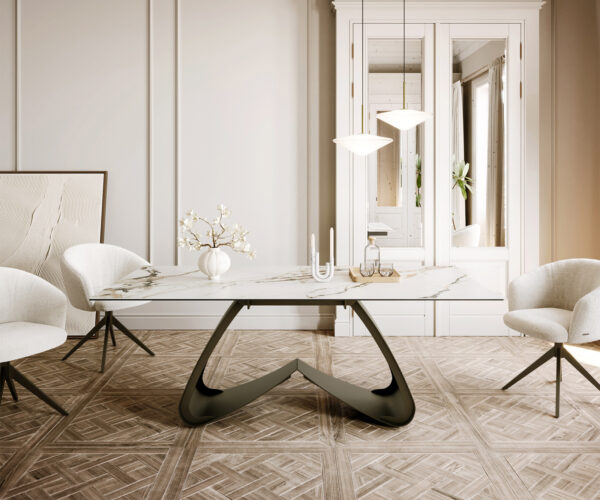Jedálenský stôl Edge Boot 200x100 keramický Calacatta Luxe bielo-zlatá sivá W-rám kovový efekt povrchová úprava titánová - Image 2