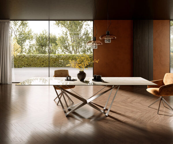 Jedálenský stôl Edge 300x100 keramický Laminam® Onice Oro ?Spider plochý oceľový nerezový - Image 2