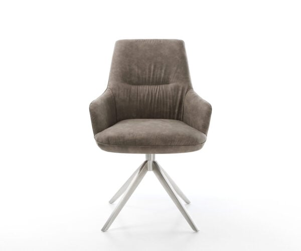 Otočná jedálenská stolička Zelia-Flex s opierkami mikrovlákno taupe vintage krížová podstava široká nerezová oceľ 360° otočná hojdacia funkcia vrecková pružina - Image 2