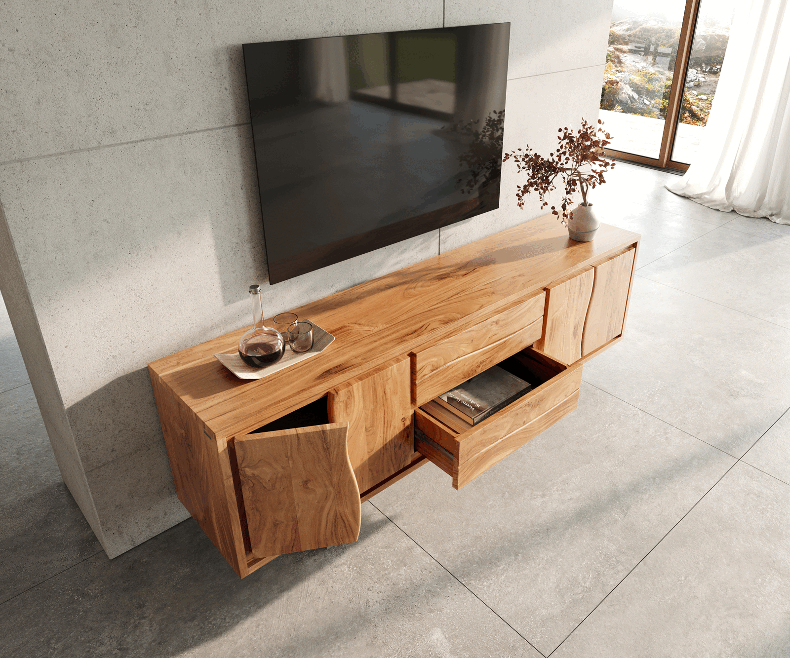 TV stolík Live-Edge 200 cm akácia prírodná 4 dvierka 2 zásuvky - Image 4