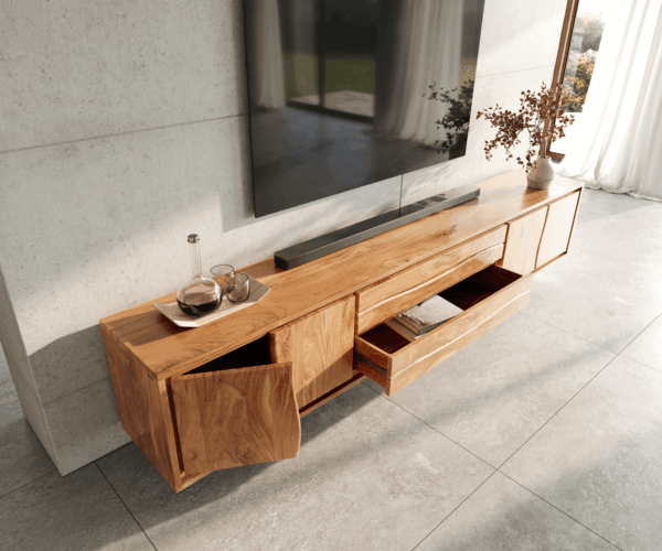 TV stolík Live Edge 300 cm akácia prírodná 4 dvierka 2 zásuvky - Image 4