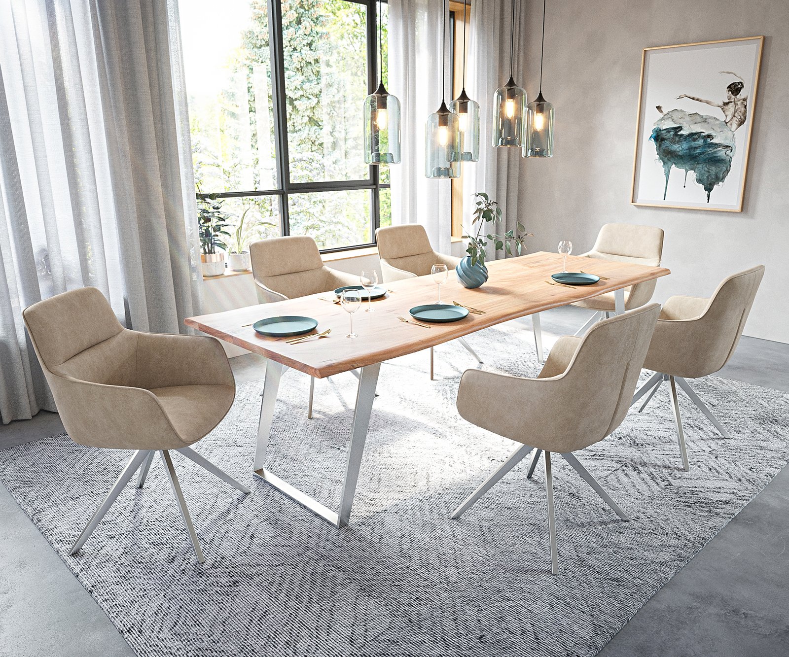 Jedálenská stolička Pejo-Flex mikrovlákno béžová vintage krížová podstava hranatá nerezová oceľ vrecková pružina - Image 4