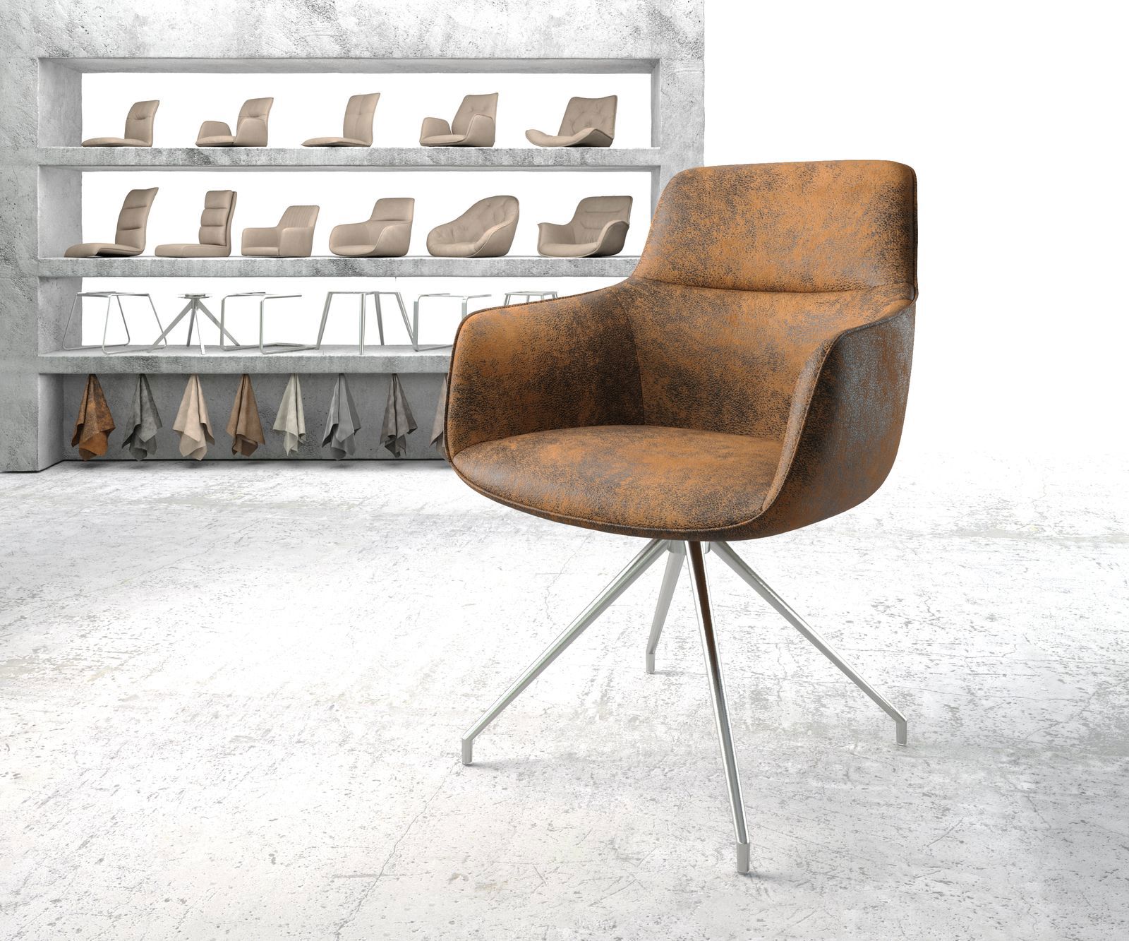 Otočná jedálenská stolička Pejo-Flex hnedá vintage krížová podstava zúžená nerezová oceľ otočná o 180°