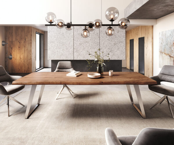 Jedálenský stôl Edge 260x100cm XL akáciová hnedá nerezová oceľ strieborná hranatá - Image 2