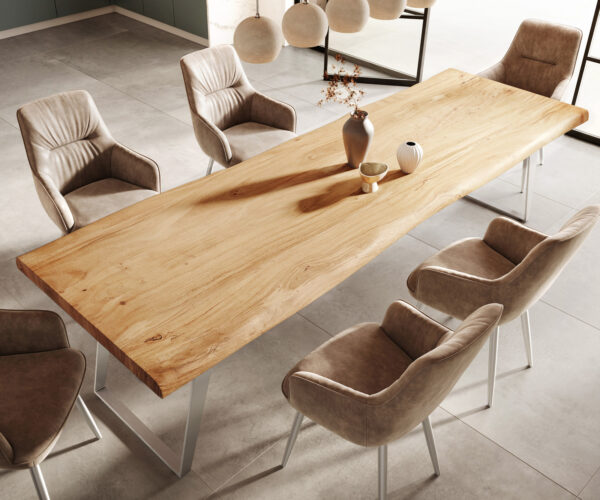 Jedálenský stôl Edge 300x100 cm XL akácia prírodná nerezová oceľ strieborná skosený Live-Edge - Image 5