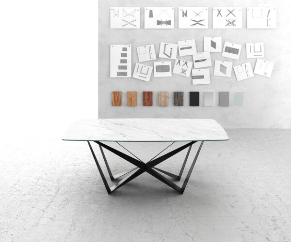 Jedálenský stôl Hrana zaoblená 200x100cm Laminam® keramická biela podnož plochá oceľ čierna - Image 2