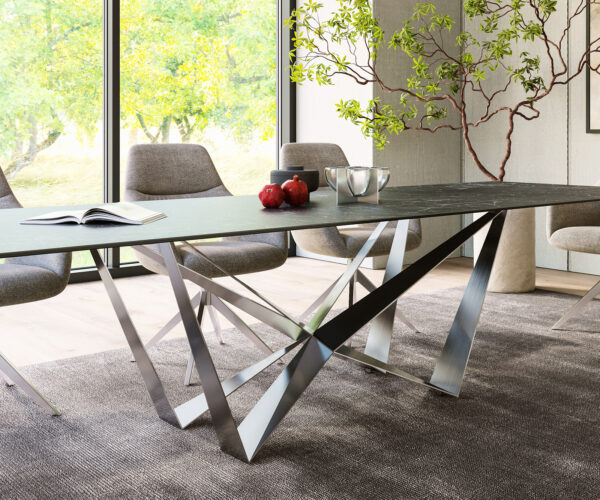 Jedálenský stôl Edge 300x100cm Laminam® keramická sivá podnož plochá oceľ strieborná - Image 7