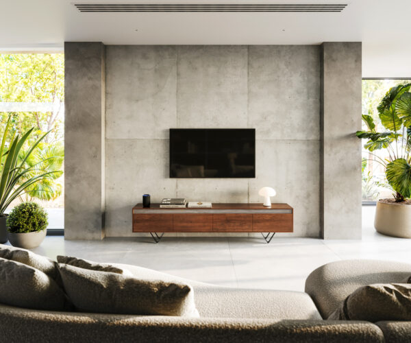 TV stolík Stonegrace 200 cm Akácia hnedá bridlica 4 zásuvky Podstavec v tvare V čierny - Image 2