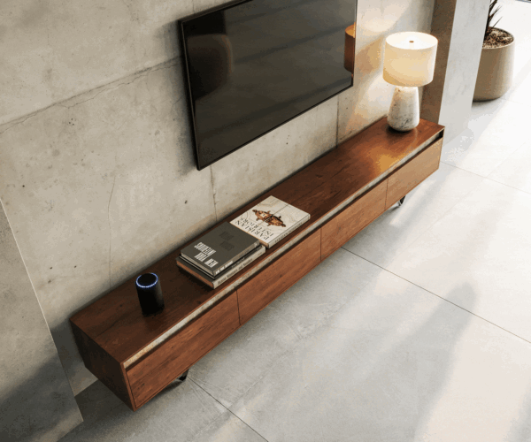TV stolík Stonegrace 240 cm akácia hnedá bridlica 4 dvierka podstava v tvare V čierna - Image 4