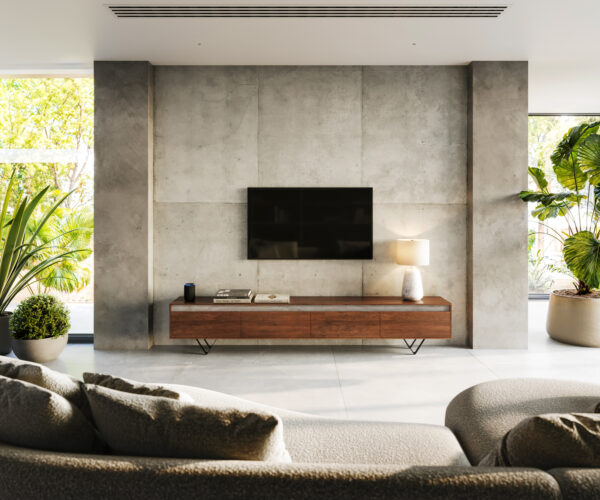 TV stolík Stonegrace 240 cm akácia hnedá bridlica 4 dvierka podstava v tvare V čierna - Image 2