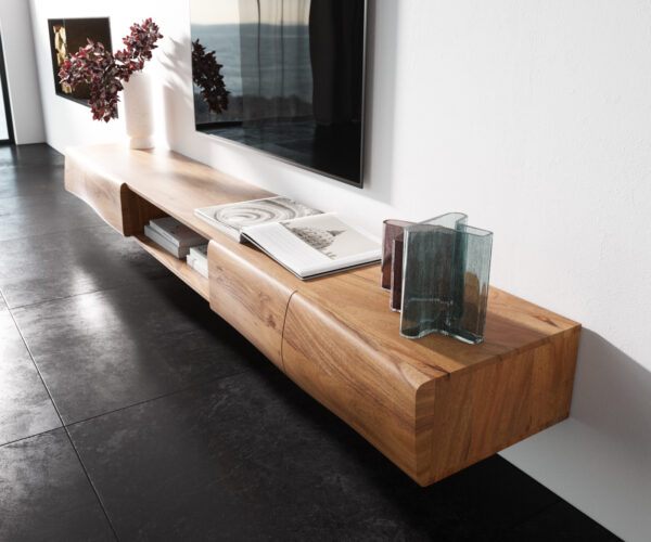 TV stolík New Live-Edge 240 cm akácia prírodná 4 dvierka 1 priehradka závesný - Image 2