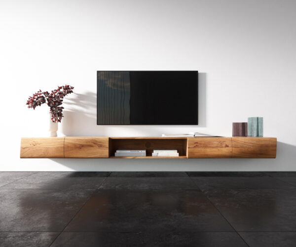 TV stolík New Live-Edge 240 cm akácia prírodná 4 dvierka 1 priehradka závesný - Image 4