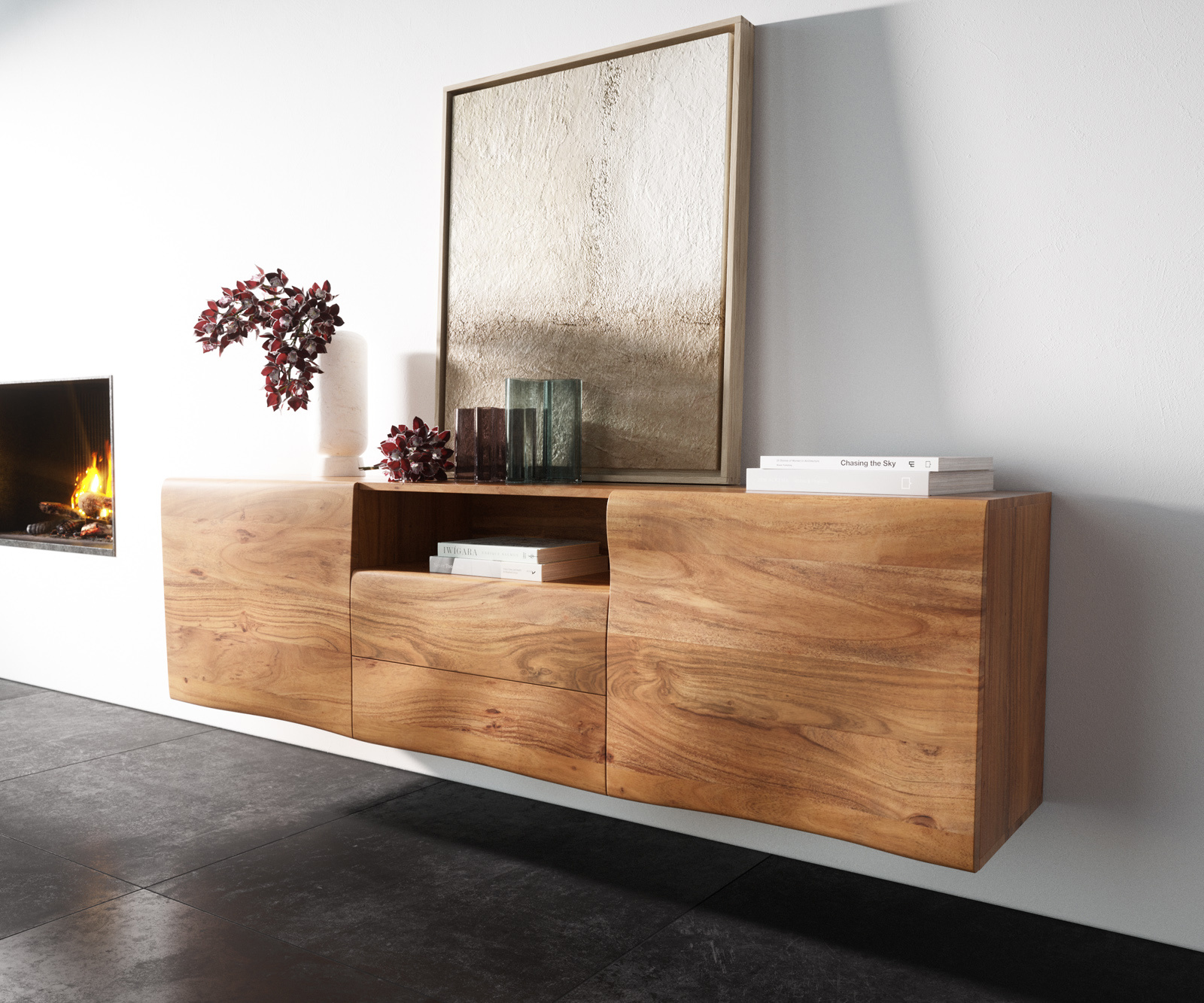 Komoda New Live-Edge 175 cm akácia prírodná 2 dvierka 2 zásuvky 1 priehradka závesná
