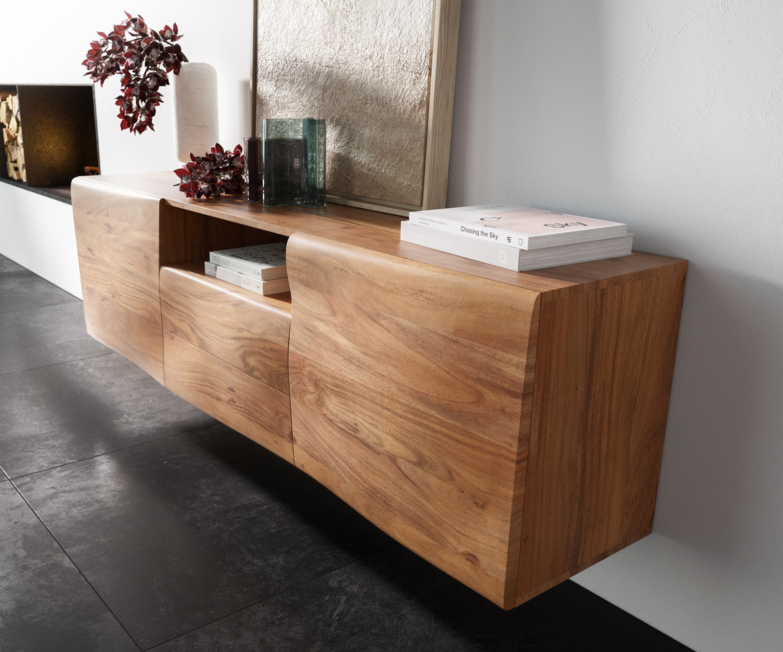 Komoda New Live-Edge 175 cm akácia prírodná 2 dvierka 2 zásuvky 1 priehradka závesná - Image 2