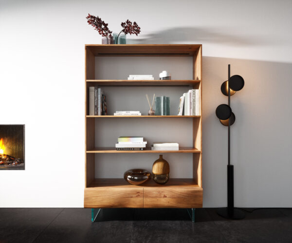Policový systém New Live-Edge 115x150 cm akácia prírodná 2 zásuvky sklenená podstava závesný - Image 2