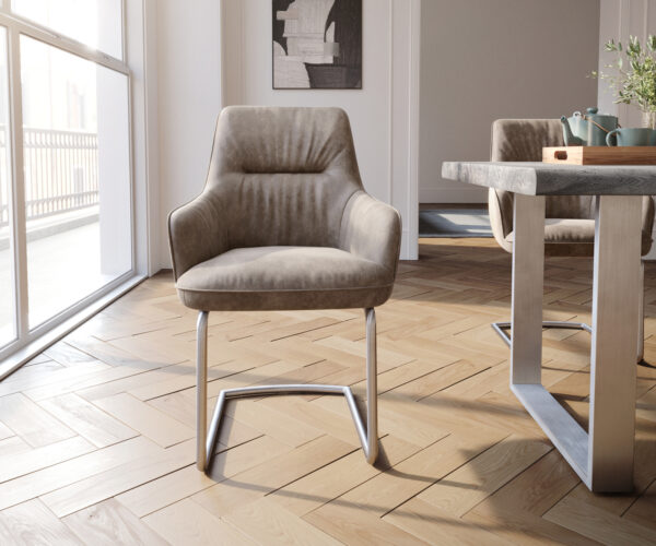 Jedálenská stolička Zelia-Flex s opierkami mikrovlákno taupe vintage jedálenská stolička okrúhla nerezová oceľ vrecková pružina - Image 2