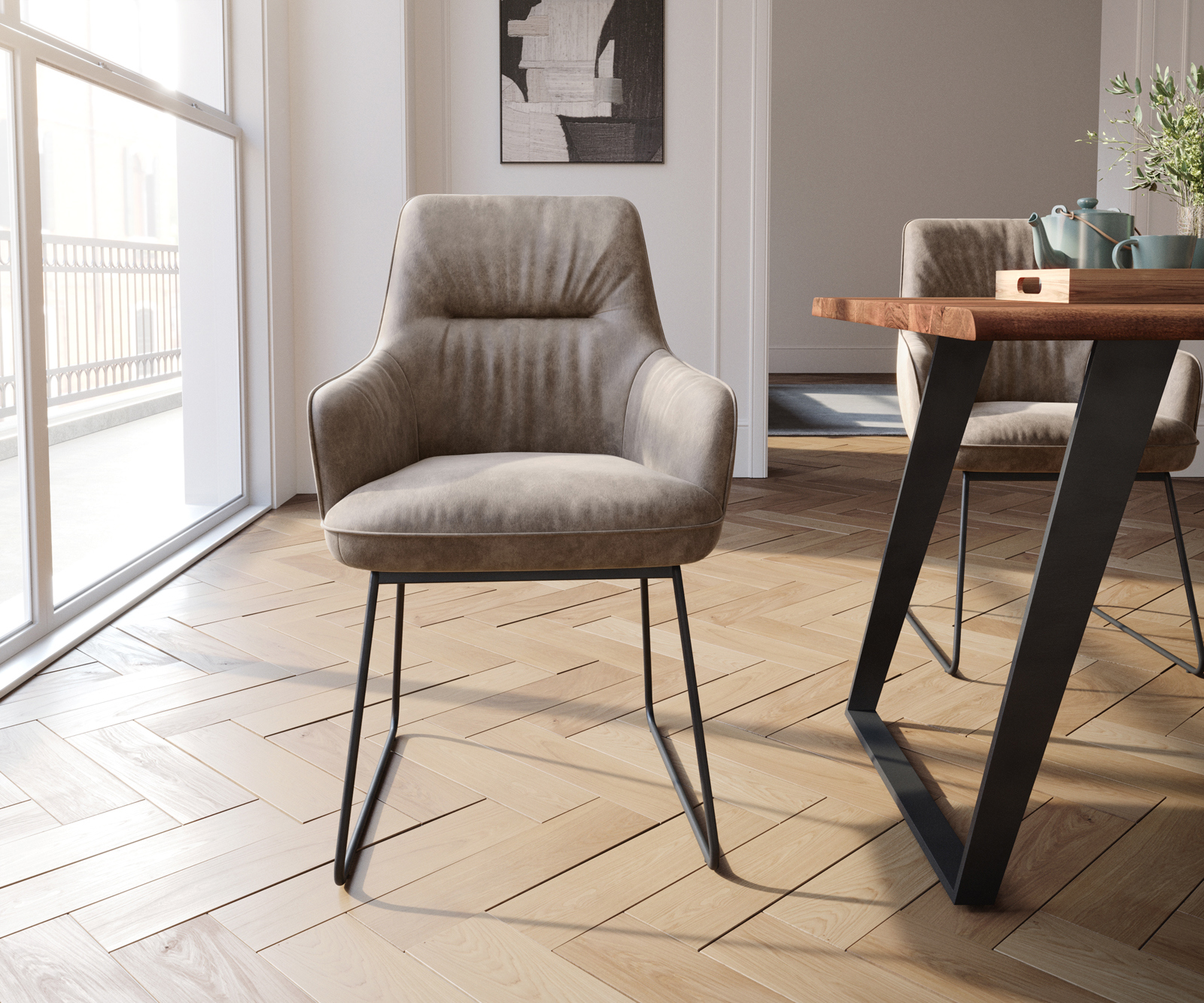 Jedálenská stolička Zelia-Flex s opierkami mikrovlákno taupe vintage tenká podstava čierna vrecková pružina - Image 2