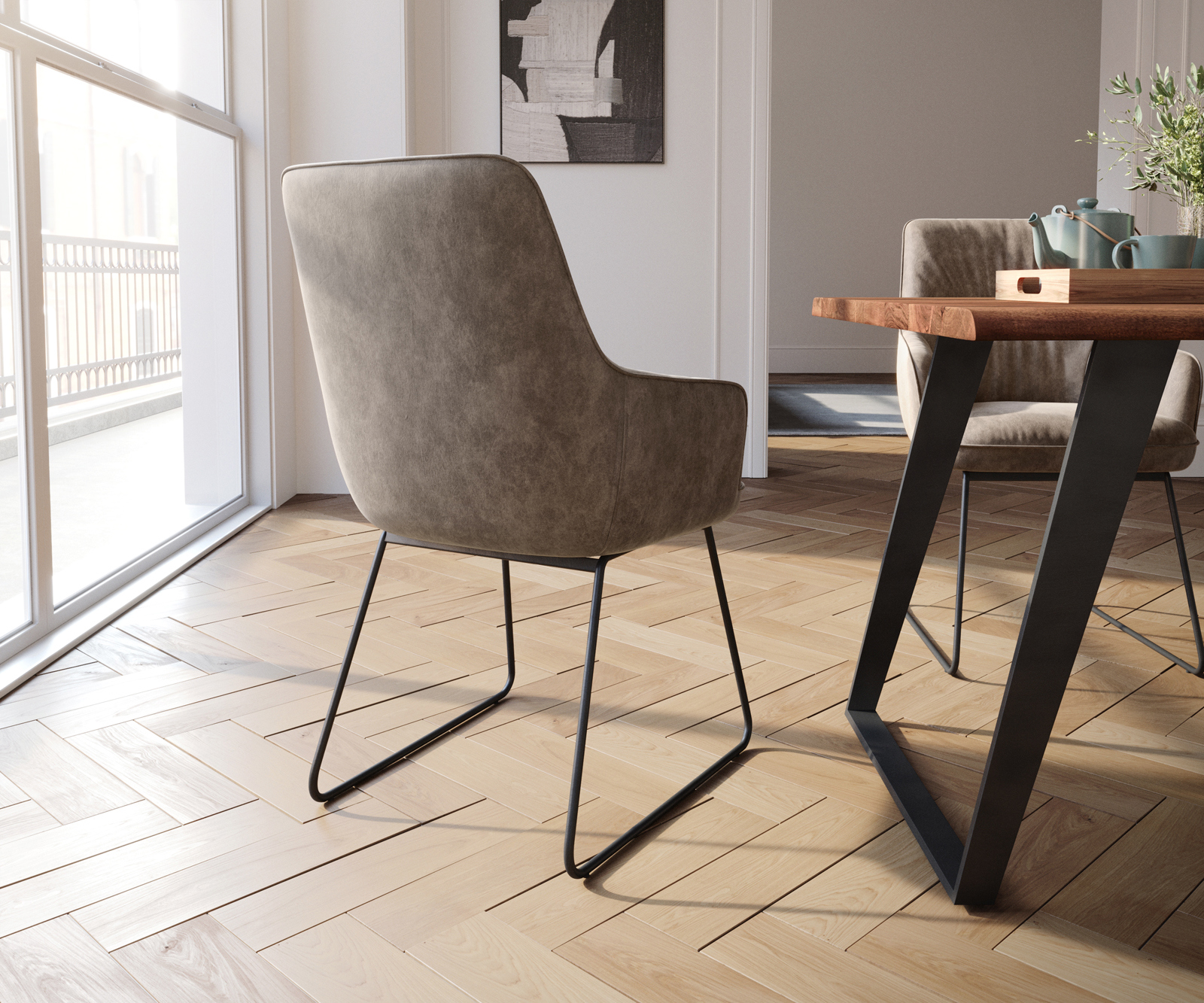 Jedálenská stolička Zelia-Flex s opierkami mikrovlákno taupe vintage tenká podstava čierna vrecková pružina - Image 5