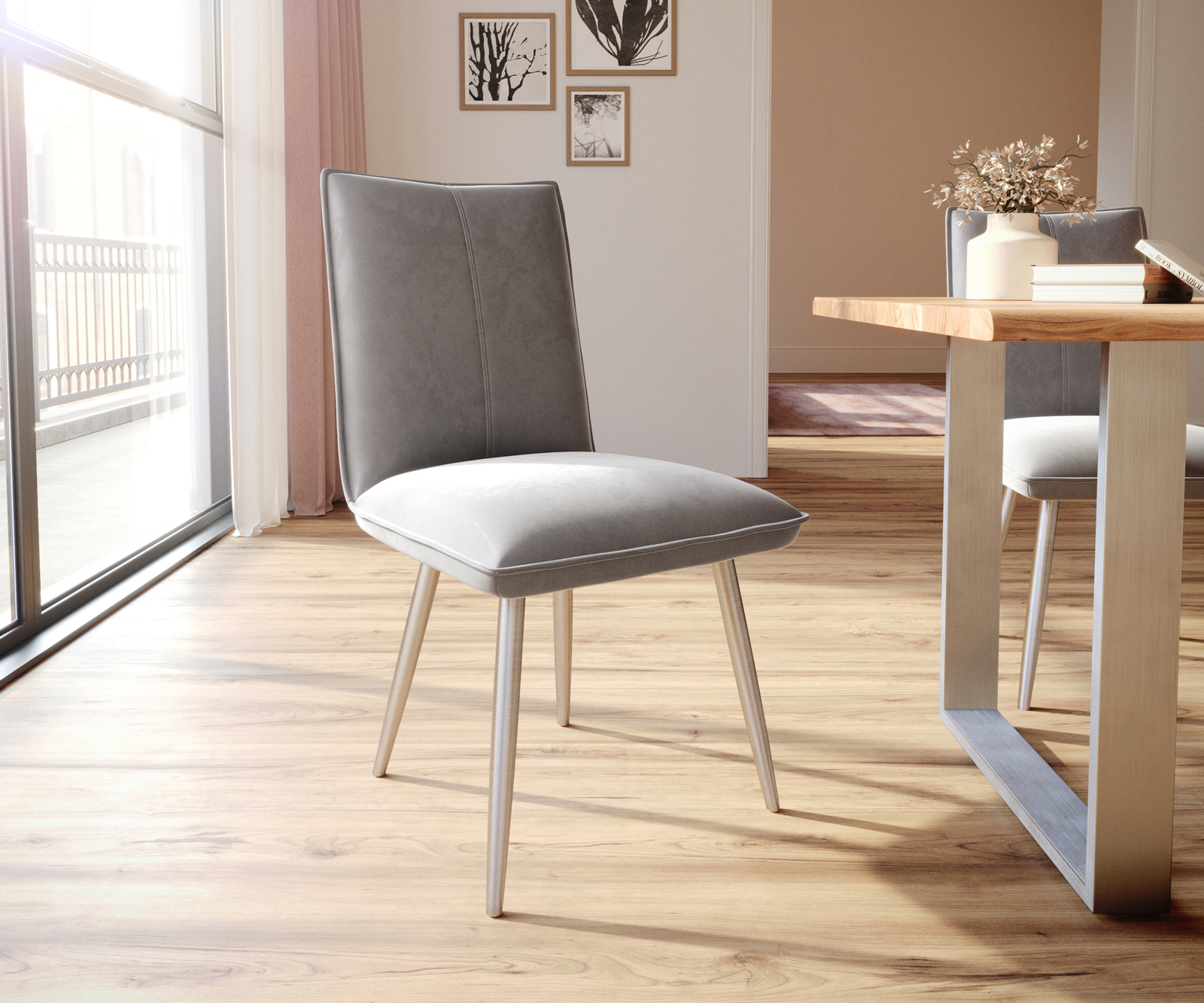 Jedálenská stolička Lelio-Flex zamat sivá 4-nohá zúžená nerezová oceľ vrecková pružina
