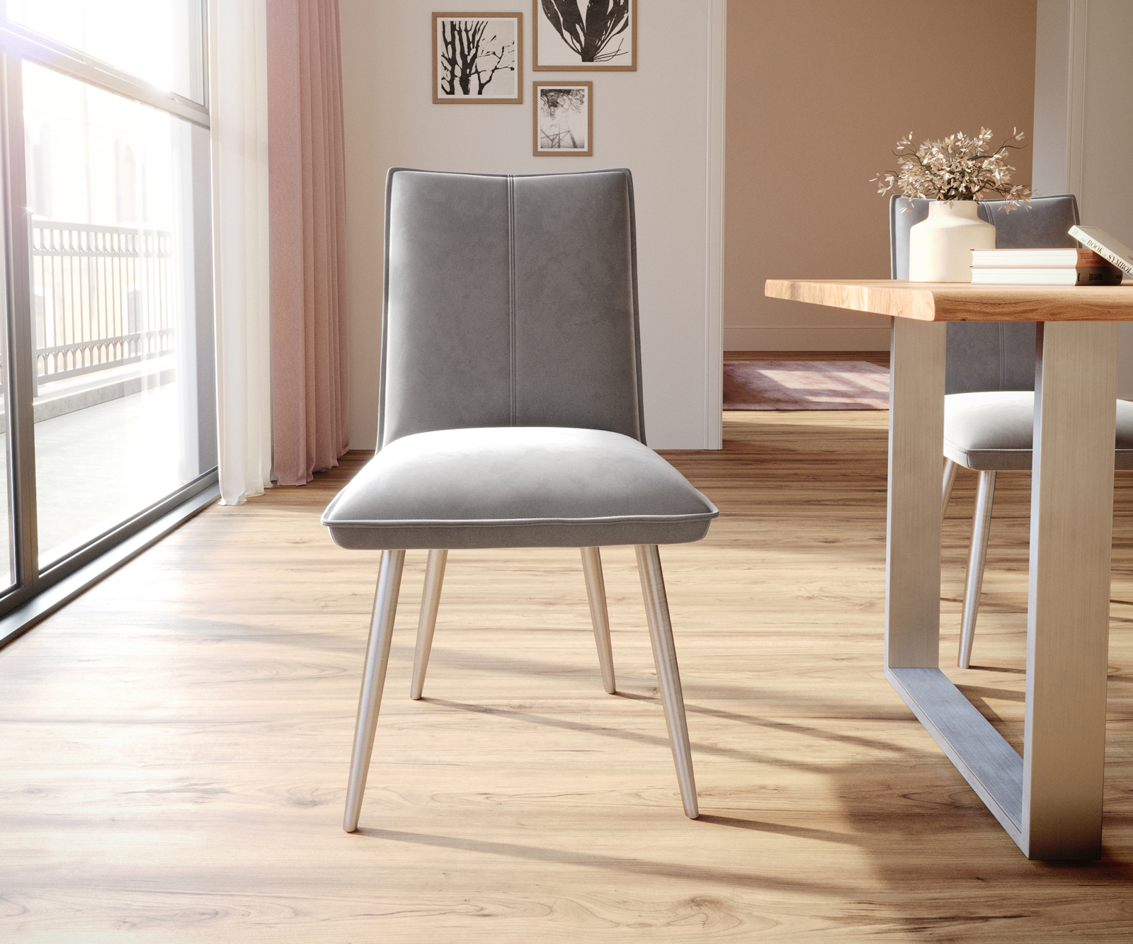 Jedálenská stolička Lelio-Flex zamat sivá 4-nohá zúžená nerezová oceľ vrecková pružina - Image 2