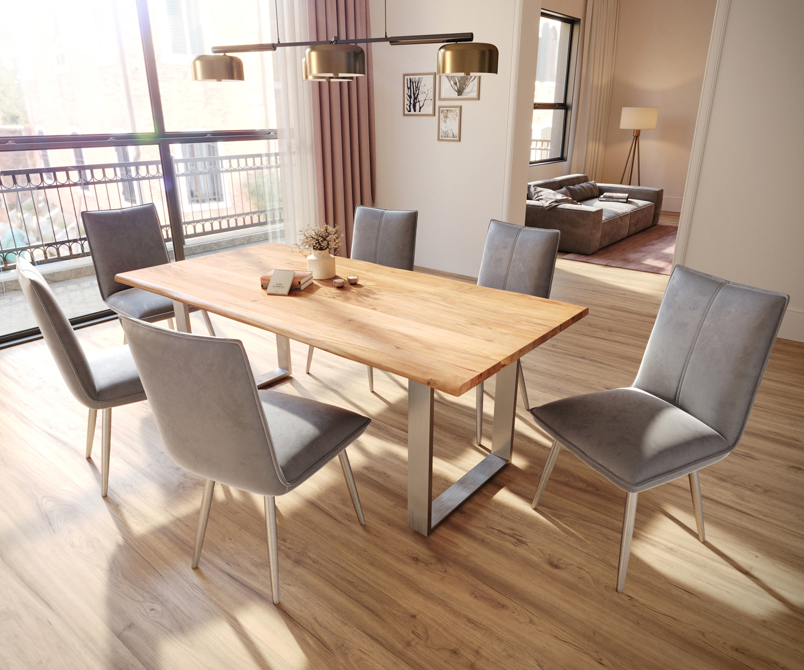 Jedálenská stolička Lelio-Flex zamat sivá 4-nohá zúžená nerezová oceľ vrecková pružina - Image 4