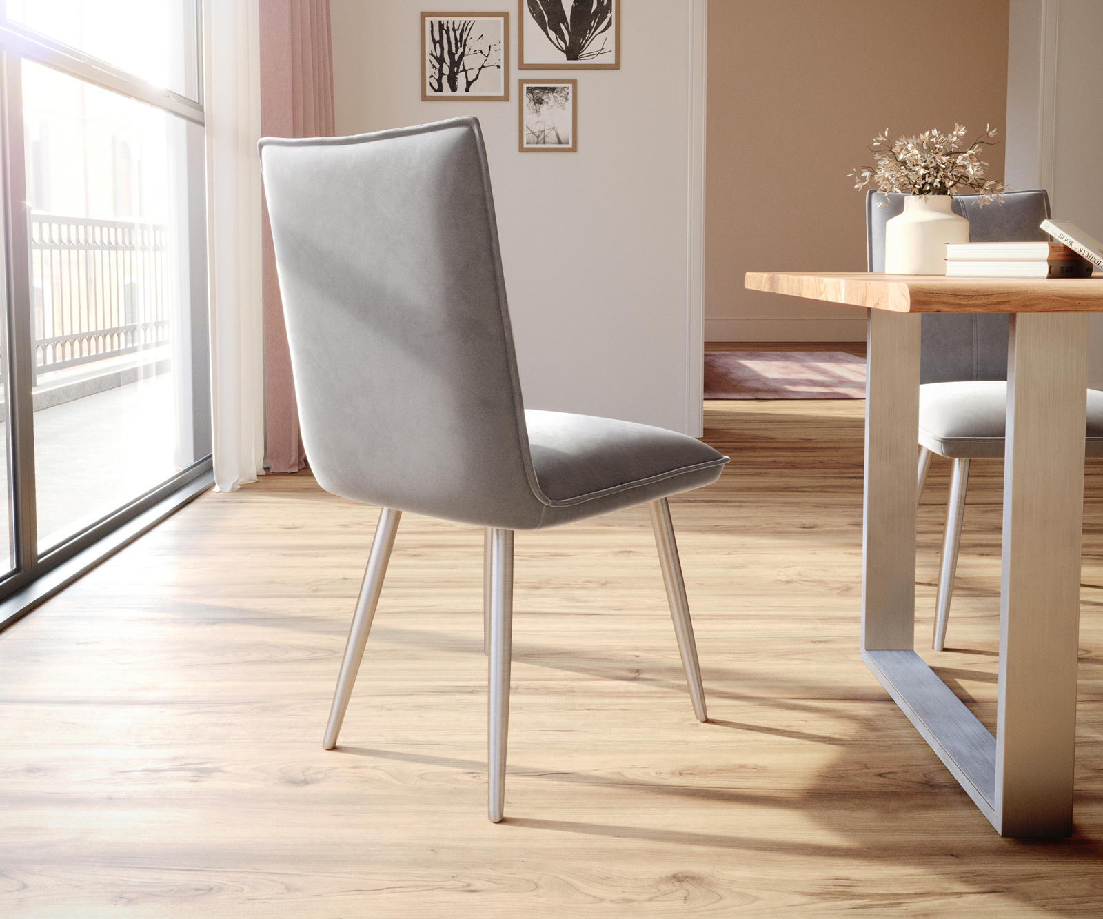 Jedálenská stolička Lelio-Flex zamat sivá 4-nohá zúžená nerezová oceľ vrecková pružina - Image 5