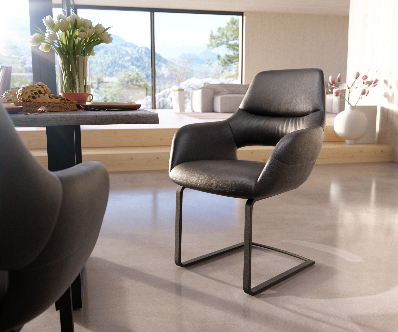 Jedálenská stolička Yago-Flex s opierkami pravá koža čierna jedálenská stolička plochá čierna vrecková pružina