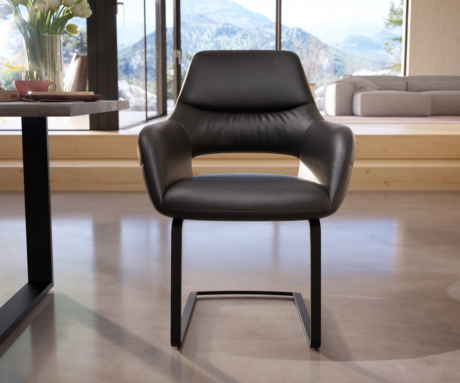 Jedálenská stolička Yago-Flex s opierkami pravá koža čierna jedálenská stolička plochá čierna vrecková pružina - Image 2