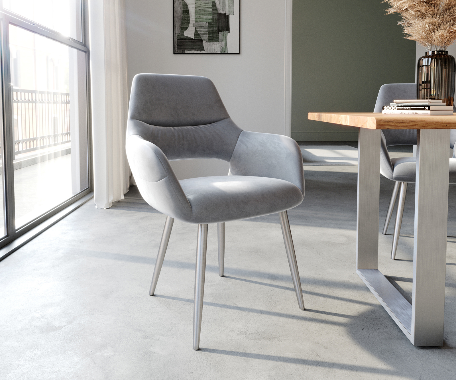 Jedálenská stolička Yago-Flex s opierkami zamat sivá 4-nohá zúžená nerezová oceľ vrecková pružina