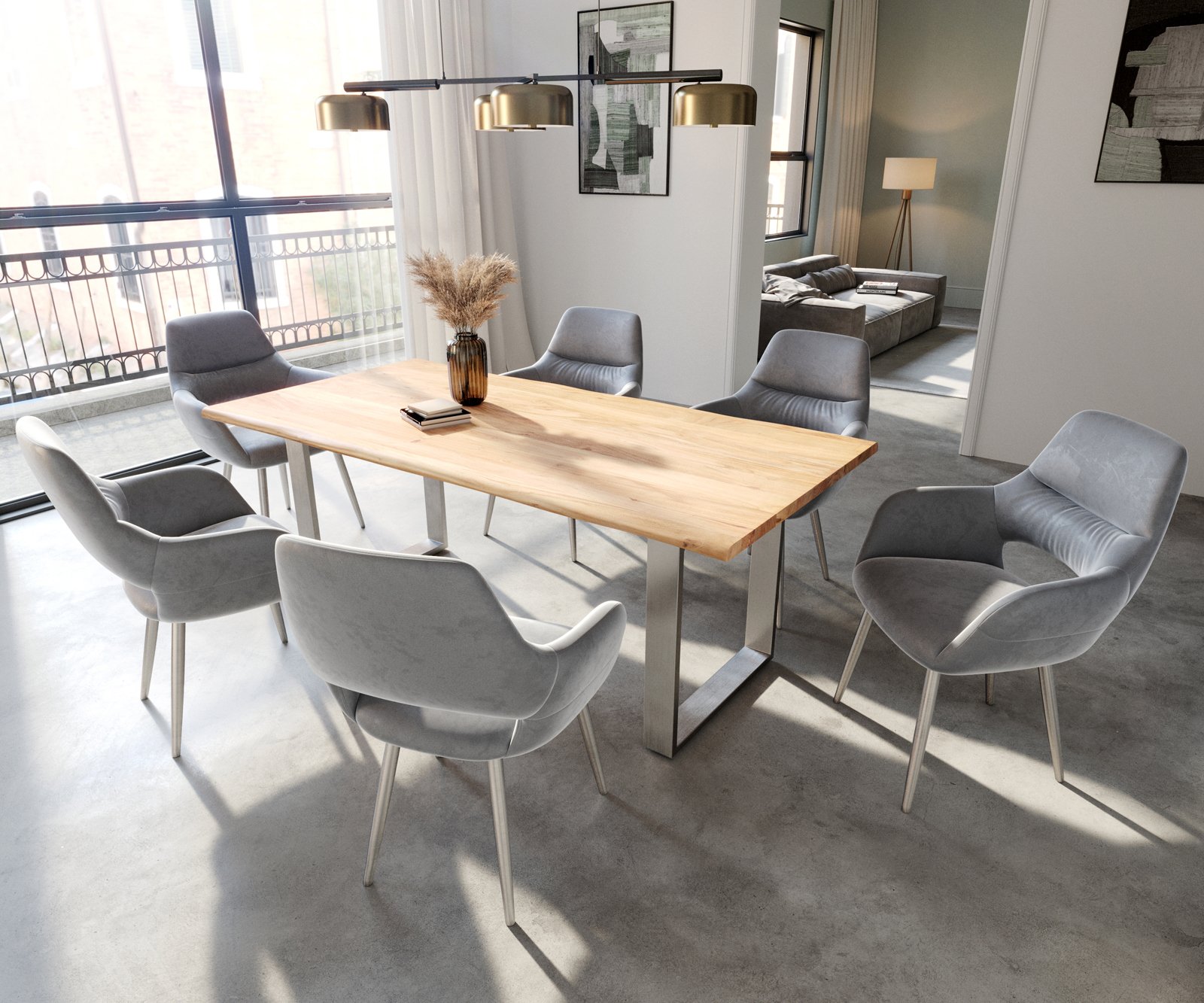 Jedálenská stolička Yago-Flex s opierkami zamat sivá 4-nohá zúžená nerezová oceľ vrecková pružina - Image 4