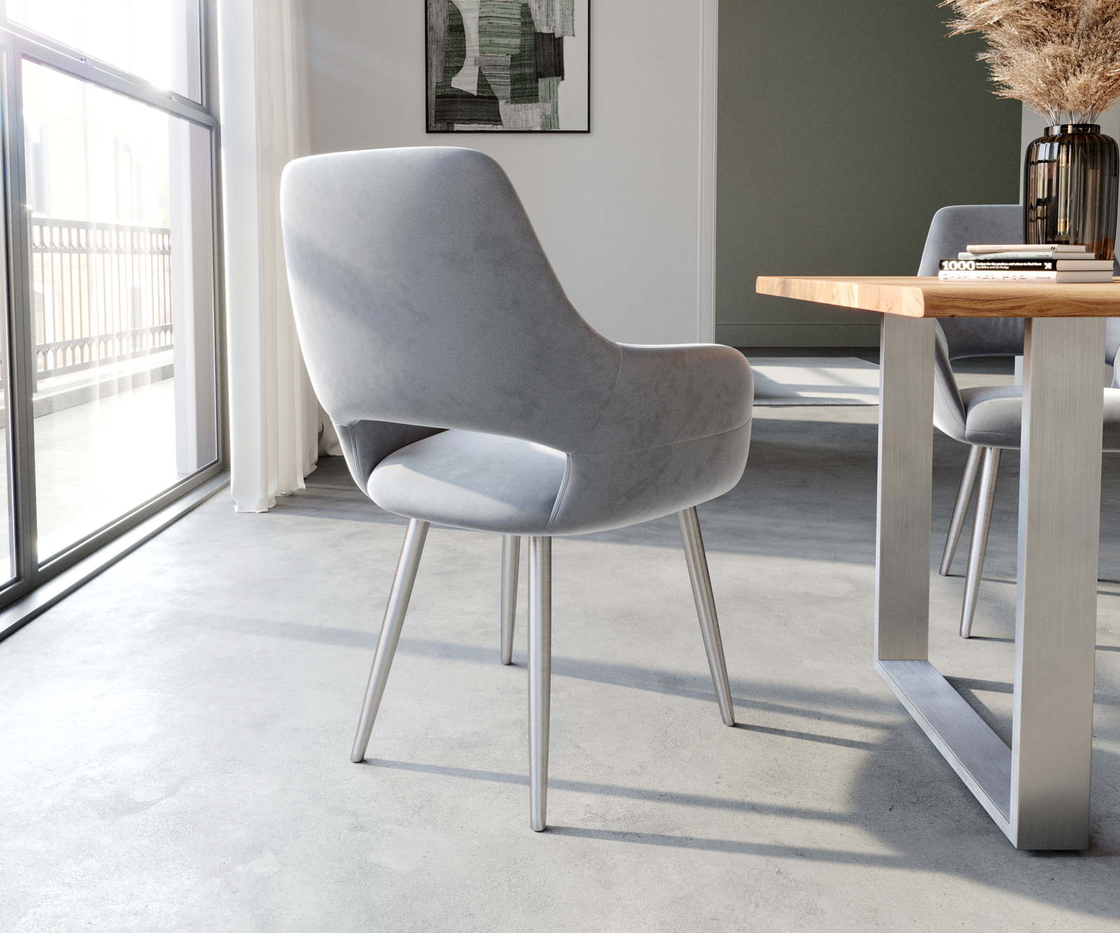 Jedálenská stolička Yago-Flex s opierkami zamat sivá 4-nohá zúžená nerezová oceľ vrecková pružina - Image 5