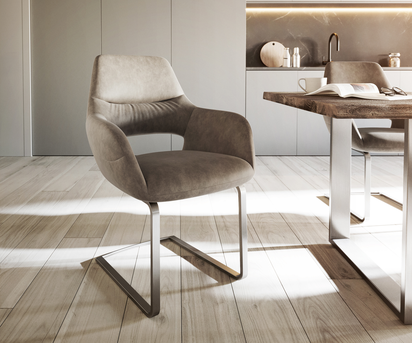 Jedálenská stolička Yago-Flex s opierkami mikrovlákno taupe vintage jedálenská stolička plochá nerezová oceľ vrecková pružina