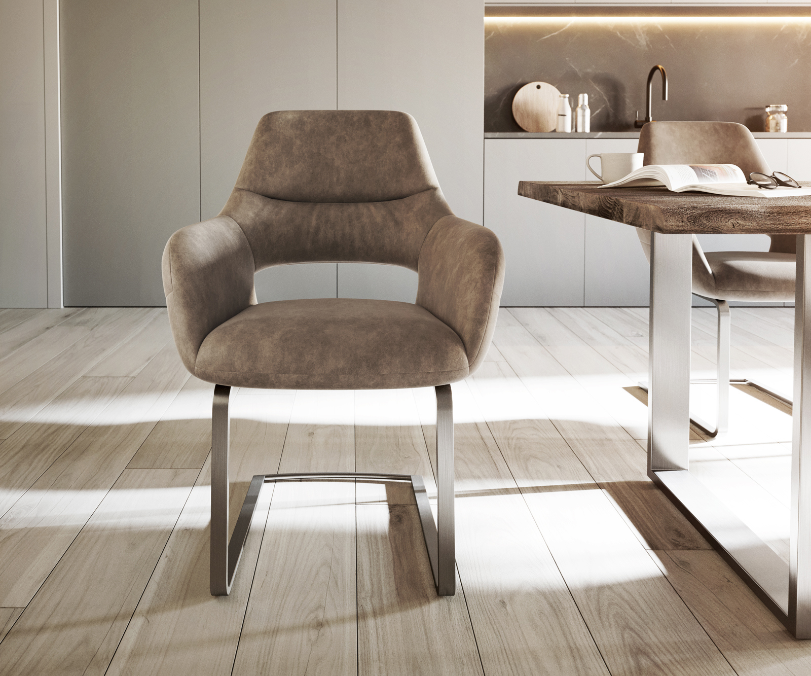 Jedálenská stolička Yago-Flex s opierkami mikrovlákno taupe vintage jedálenská stolička plochá nerezová oceľ vrecková pružina - Image 2