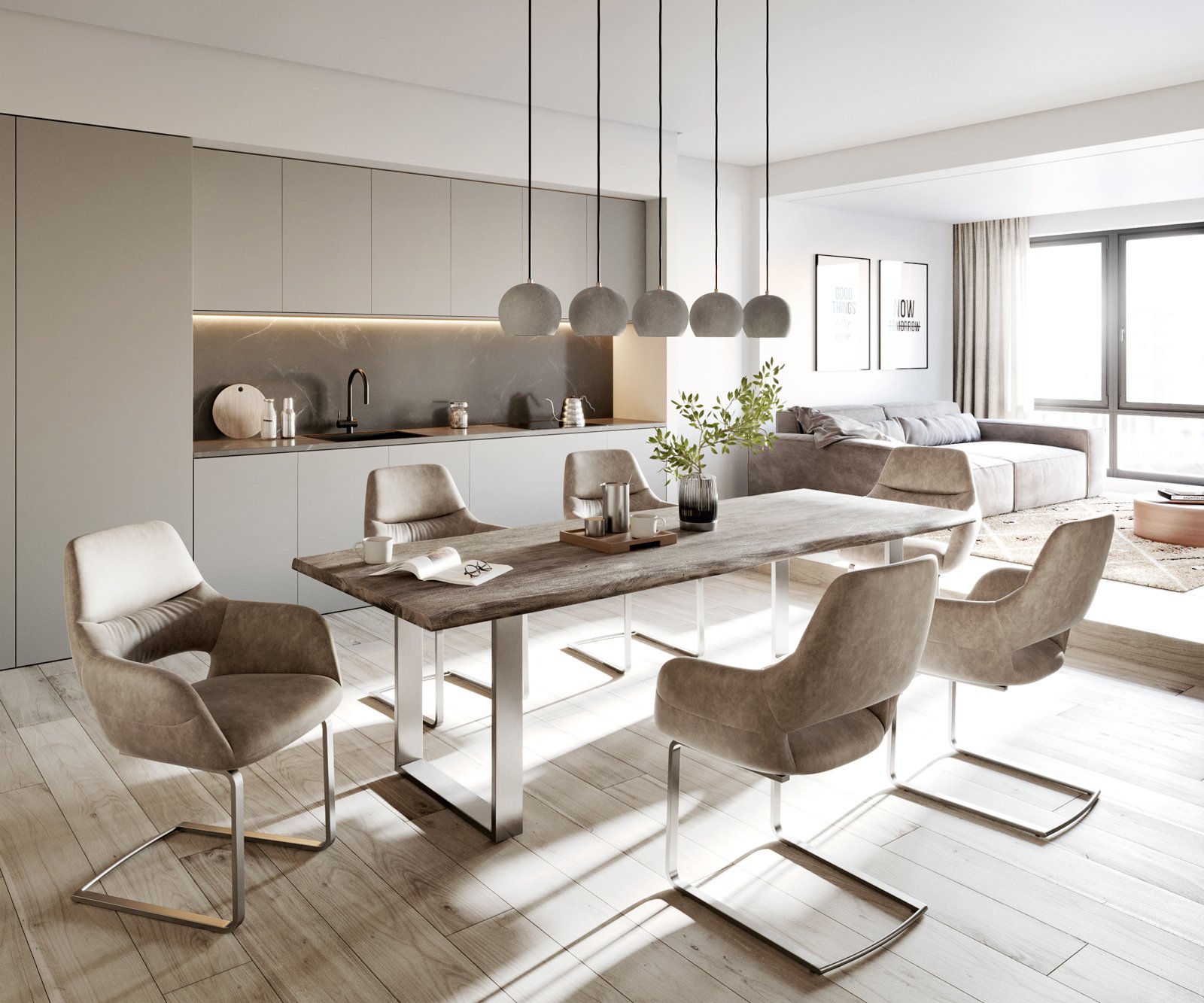 Jedálenská stolička Yago-Flex s opierkami mikrovlákno taupe vintage jedálenská stolička plochá nerezová oceľ vrecková pružina - Image 4