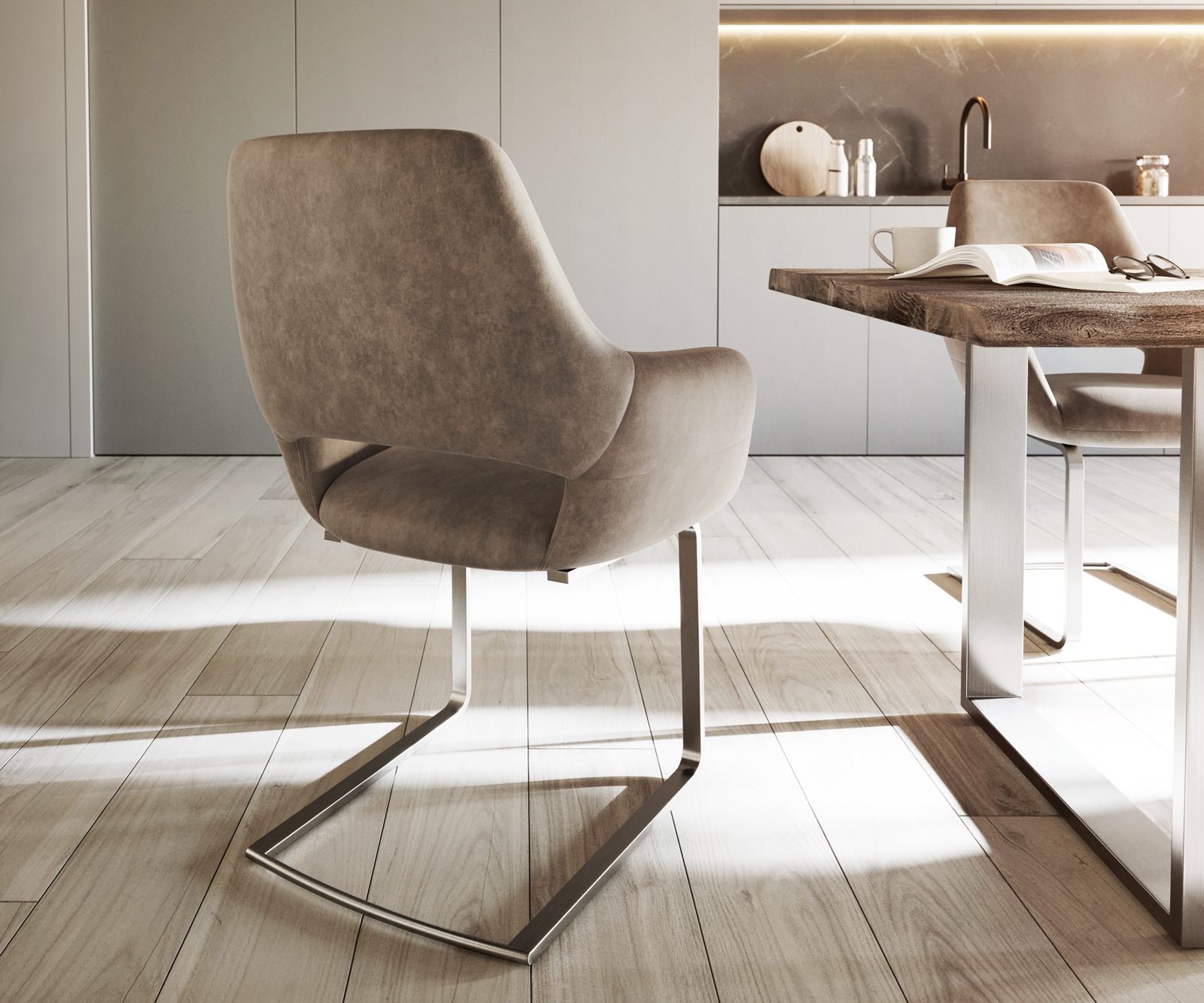 Jedálenská stolička Yago-Flex s opierkami mikrovlákno taupe vintage jedálenská stolička plochá nerezová oceľ vrecková pružina - Image 5