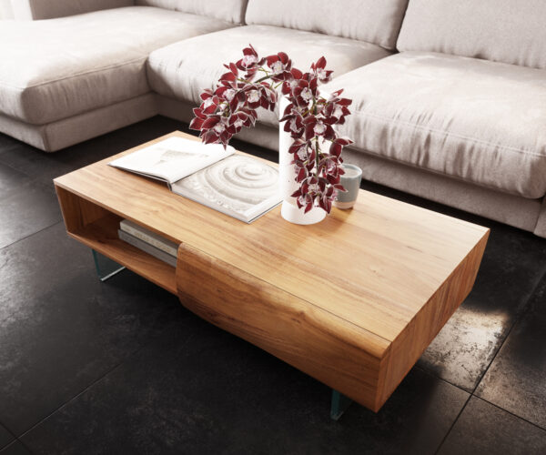 Konferenčný stolík New Live-Edge 115x60 cm akácia prírodná 2 zásuvky 1 priehradka sklenená podstava závesný - Image 4