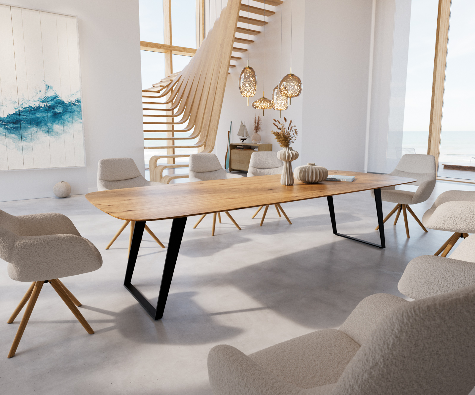 Jedálenský stôl Edge zaoblený tvar 300x120x2,5-3 dub prírodný kov šikmý čierny švajčiarska hrana