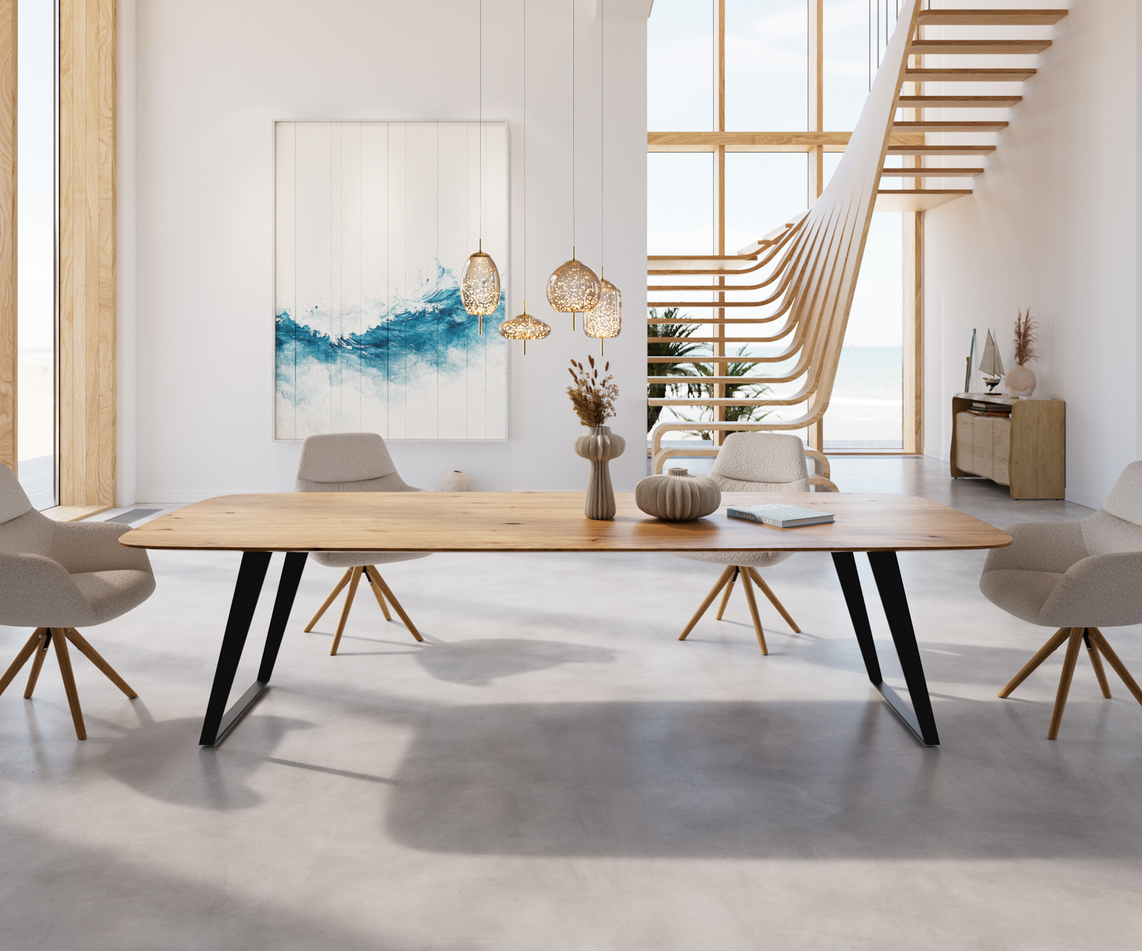 Jedálenský stôl Edge zaoblený tvar 300x120x2,5-3 dub prírodný kov šikmý čierny švajčiarska hrana - Image 2