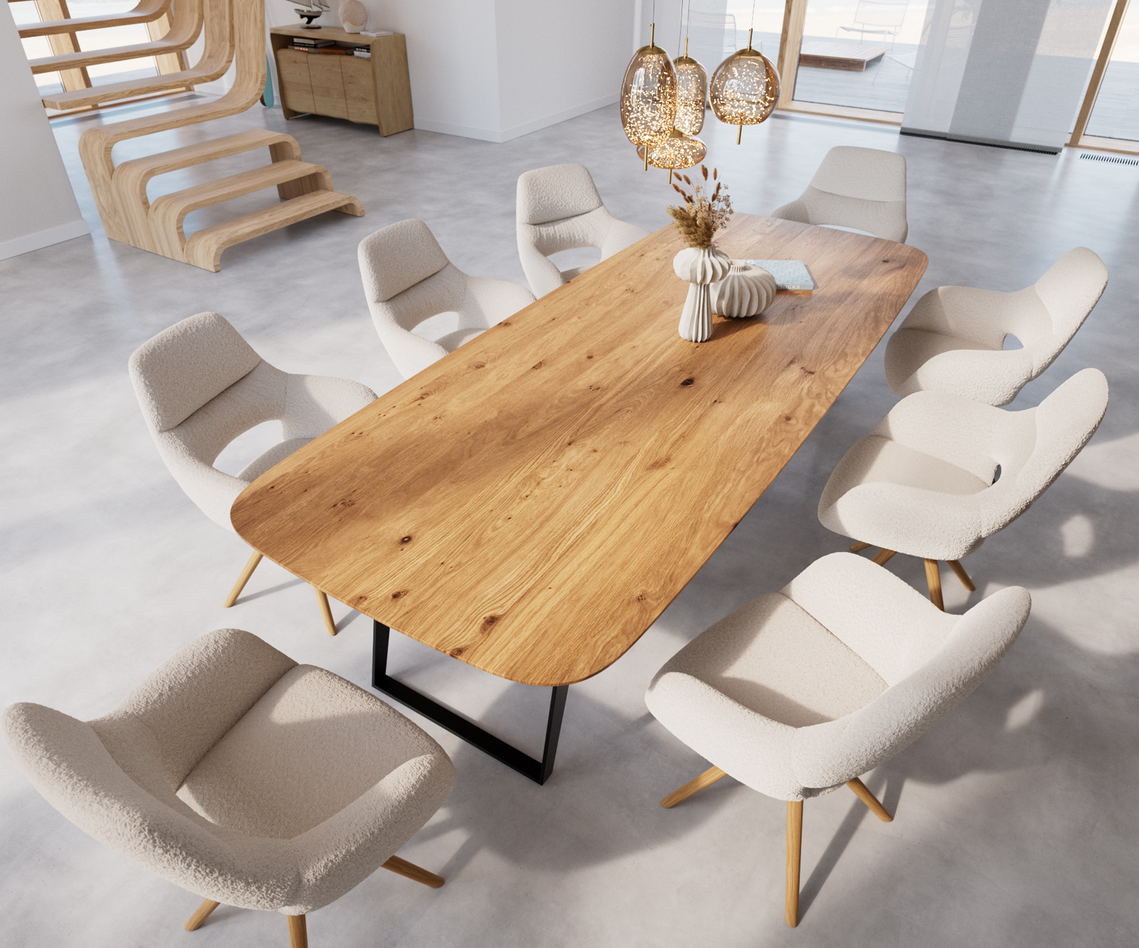 Jedálenský stôl Edge zaoblený tvar 300x120x2,5-3 dub prírodný kov šikmý čierny švajčiarska hrana - Image 4