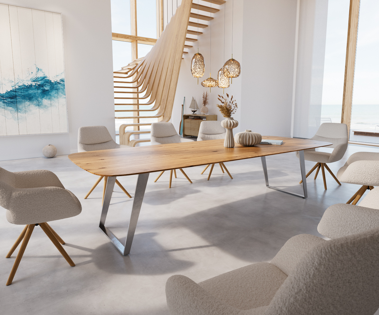 Jedálenský stôl Edge zaoblený tvar 300x120x2,5-3 dub prírodný nerezová oceľ skosený švajčiarska hrana