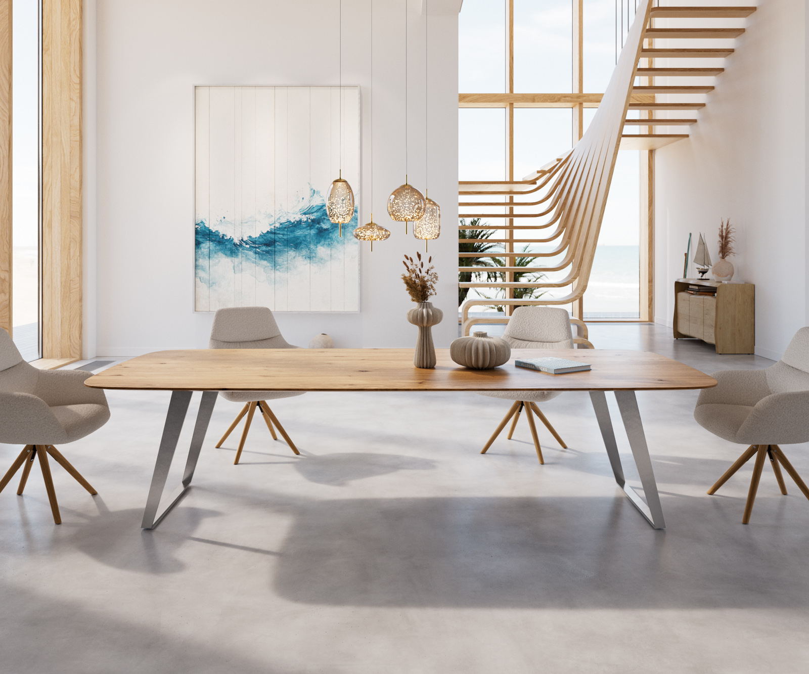 Jedálenský stôl Edge zaoblený tvar 300x120x2,5-3 dub prírodný nerezová oceľ skosený švajčiarska hrana - Image 2