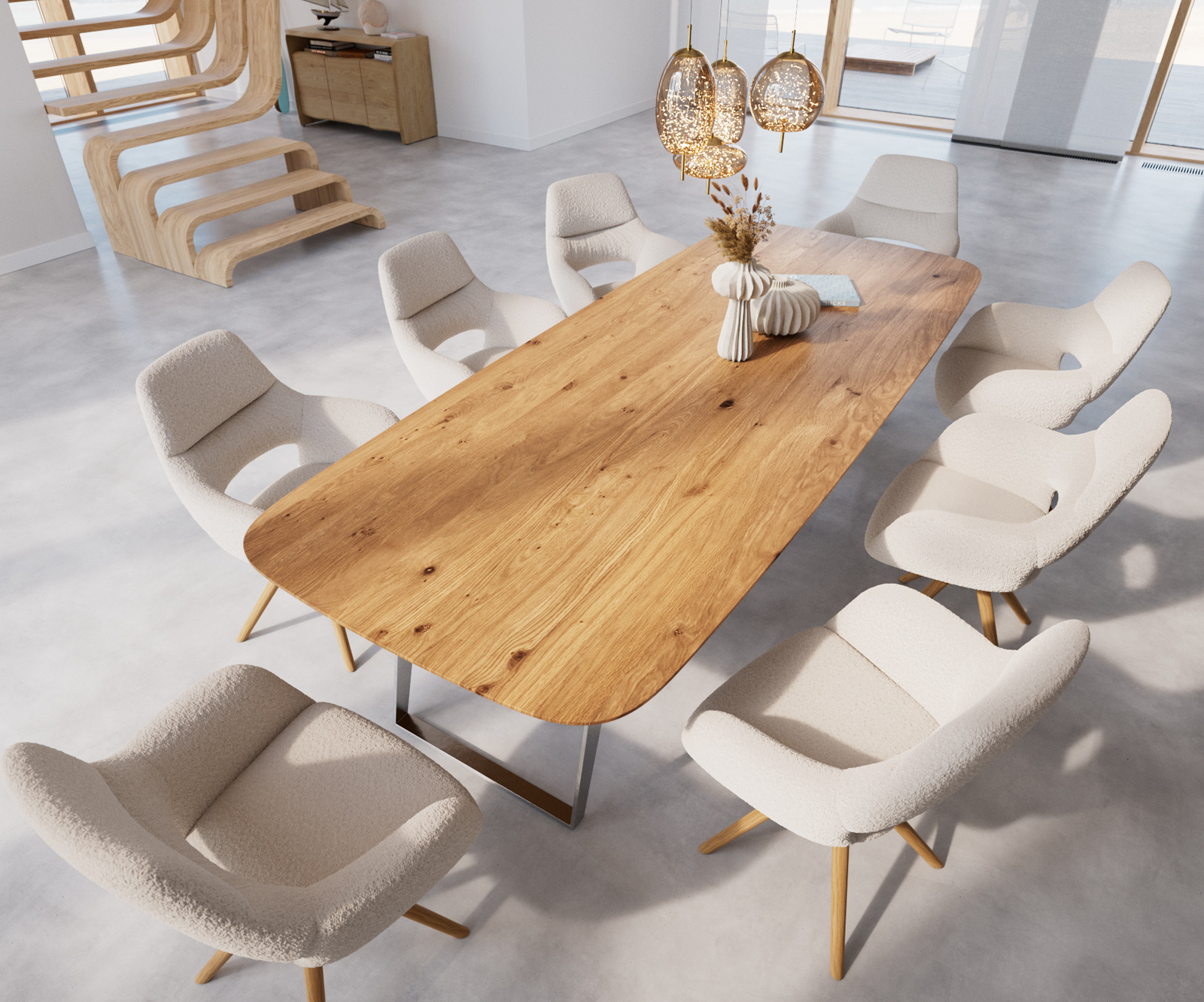 Jedálenský stôl Edge zaoblený tvar 300x120x2,5-3 dub prírodný nerezová oceľ skosený švajčiarska hrana - Image 4