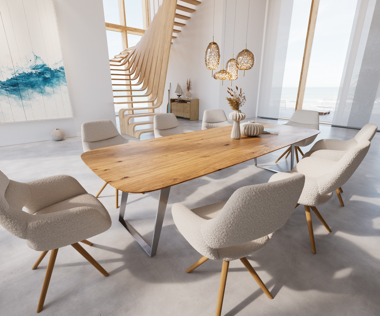 Jedálenský stôl Edge zaoblený tvar 300x120x2,5-3 dub prírodný nerezová oceľ skosený švajčiarska hrana - Image 6