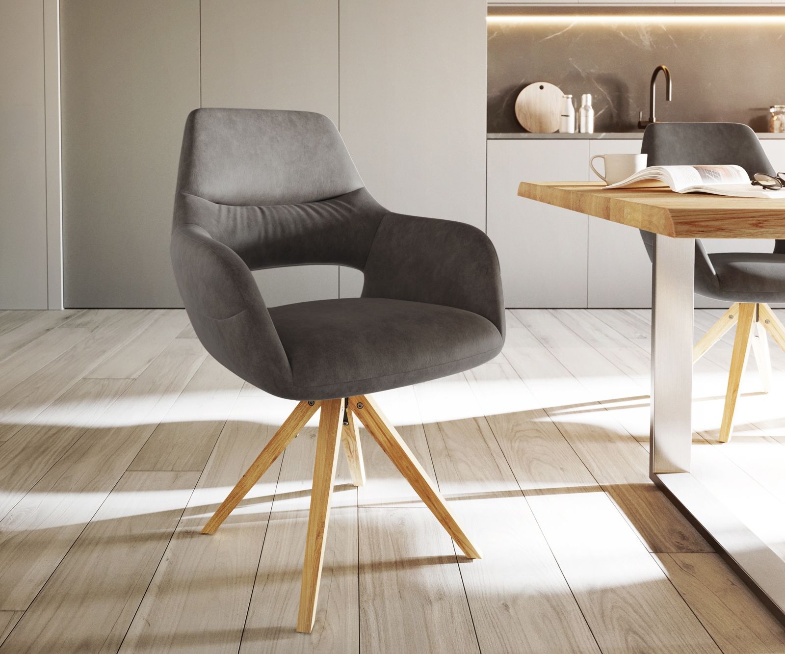 Jedálenská stolička Yago-Flex s opierkami mikrovlákno antracitová vintage drevená podstava hranatá prírodná vrecková pružina