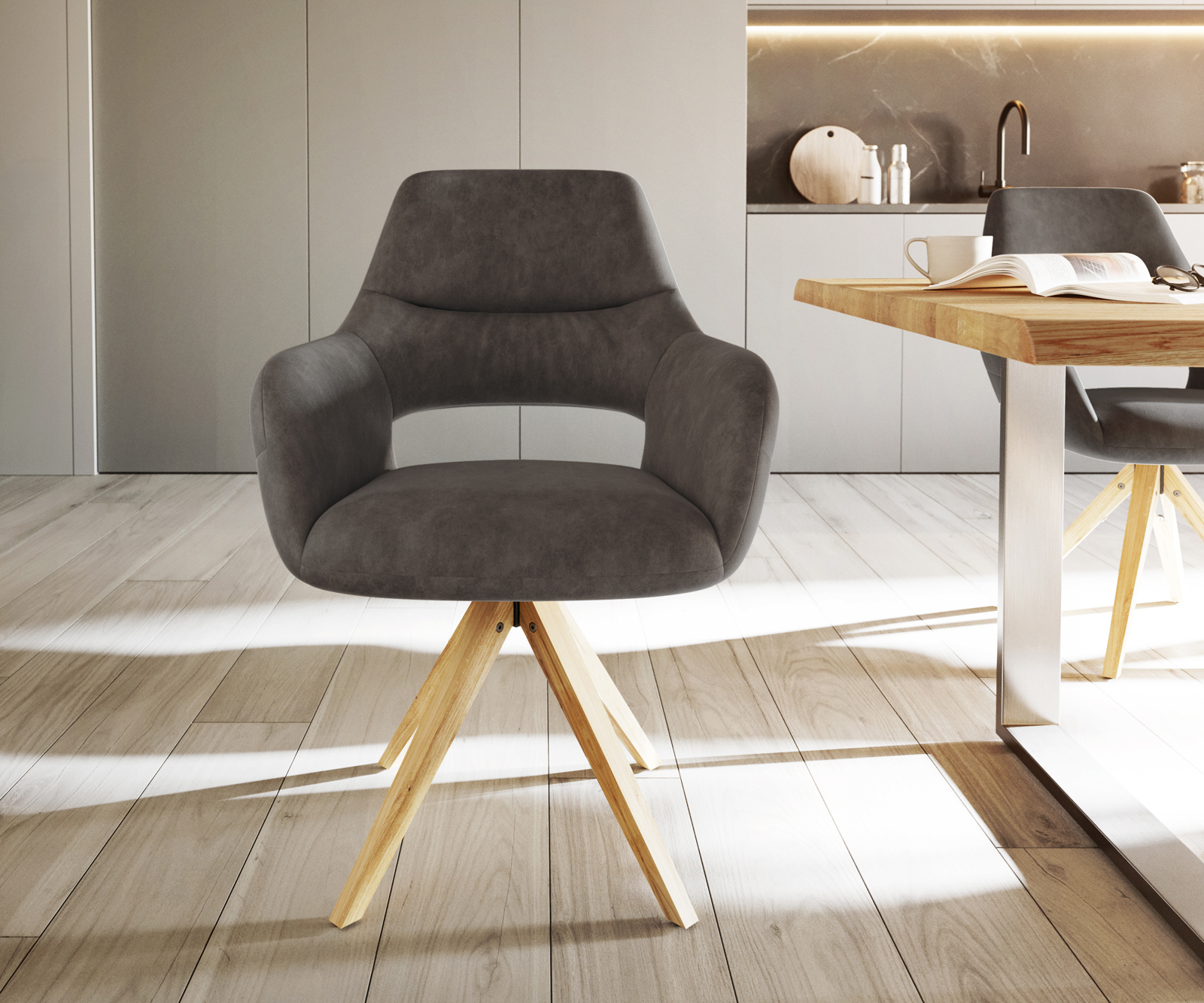 Jedálenská stolička Yago-Flex s opierkami mikrovlákno antracitová vintage drevená podstava hranatá prírodná vrecková pružina - Image 2