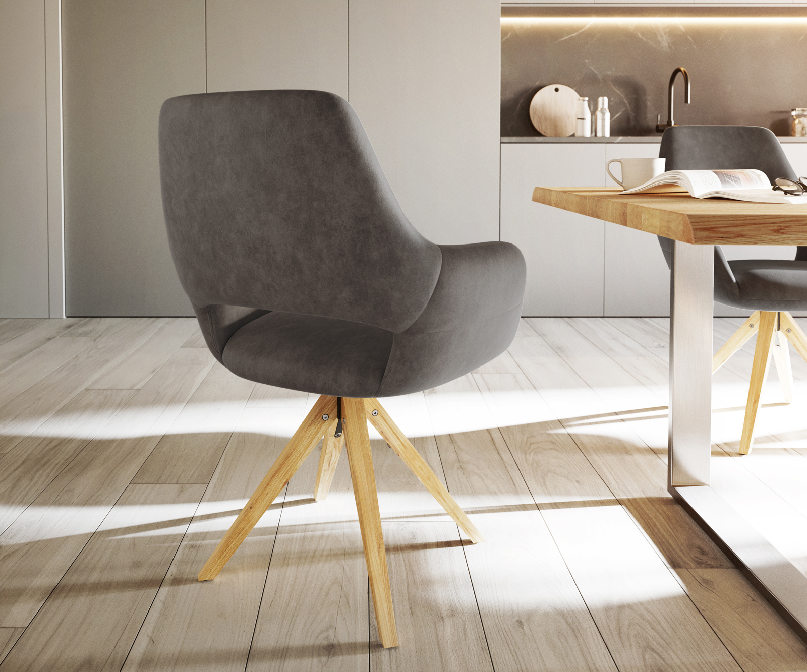 Jedálenská stolička Yago-Flex s opierkami mikrovlákno antracitová vintage drevená podstava hranatá prírodná vrecková pružina - Image 5